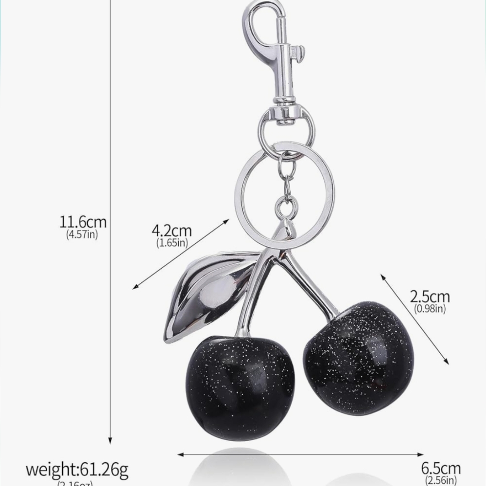 Glitter Cherries Large Black Silver Bag Charm Keychain Ring Pendant - Picture 5 of 6